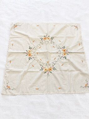 Vintage hand made Cream Floral Embroidered Tablecloth - Classic Dining Accent
